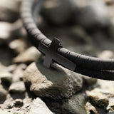 Rowdy Parrot FlexTech™ Adjustable Silicone Braided Rope Bracelet for Men - Waterproof, Sweatproof, One Size Fits All - Featuring Religious Christian Jesus Cross Design (Black Sand | Black Lagoon)