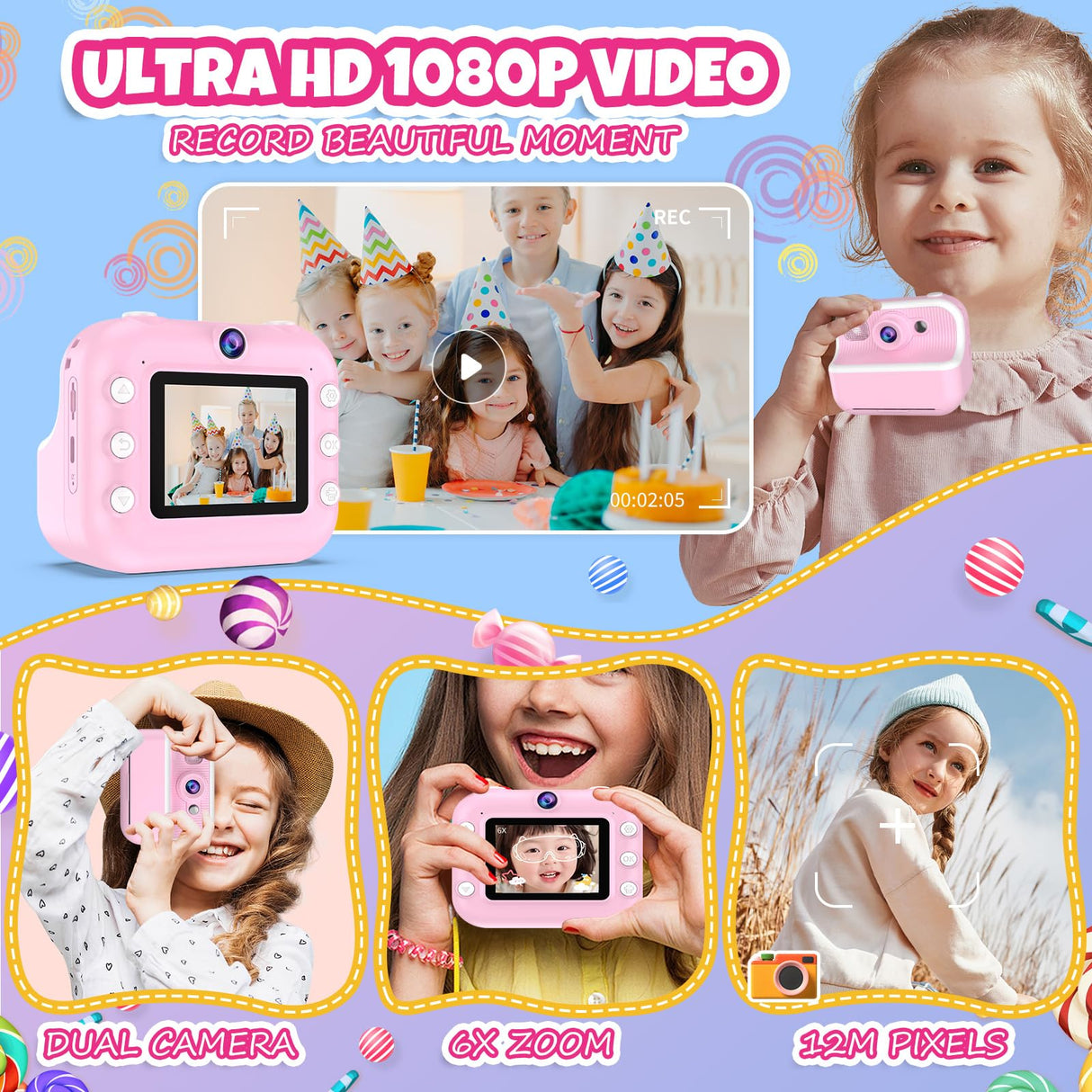 TOZDTO Kids Camera Instant Print,1080P HD Dual Lens Selfie Camera Toys for Girls & Boys Ages 3-12, Instant Photo Printing with 3 Rolls of Paper & 32GB Card, Christmas Birthday Gift for Toddlers (Pink)