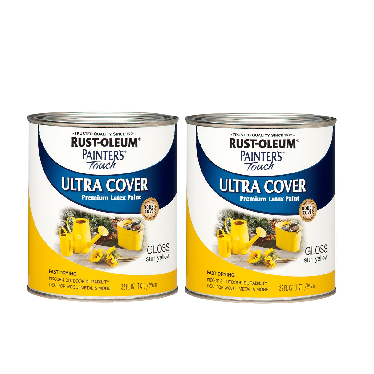 Rust-Oleum 1945502 Painter's Touch Latex Paint, Gloss Sun Yellow, 1 Quarts(Pack of 2)