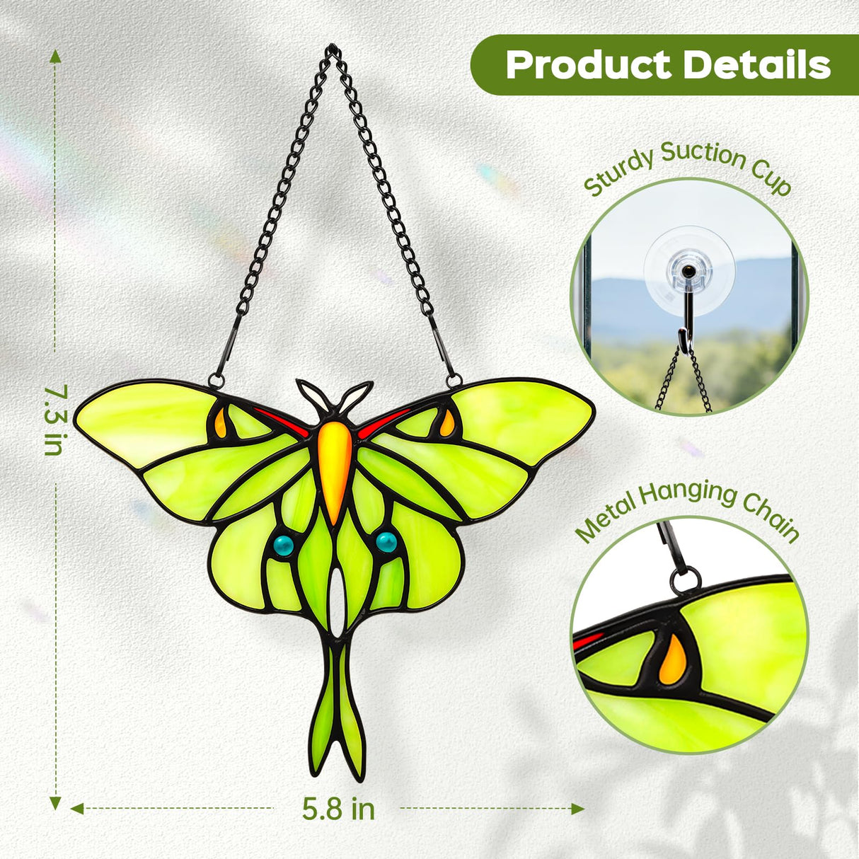 Stained Glass Window Hanging Luna Moth Suncatcher, IDEA SHOW 7.3Inch Handmade Real Glass Butterfly Suncatcher Ornament for Home Decor, Elegant Green Butterfly Memorial Gift for Women, Mom, Grandma