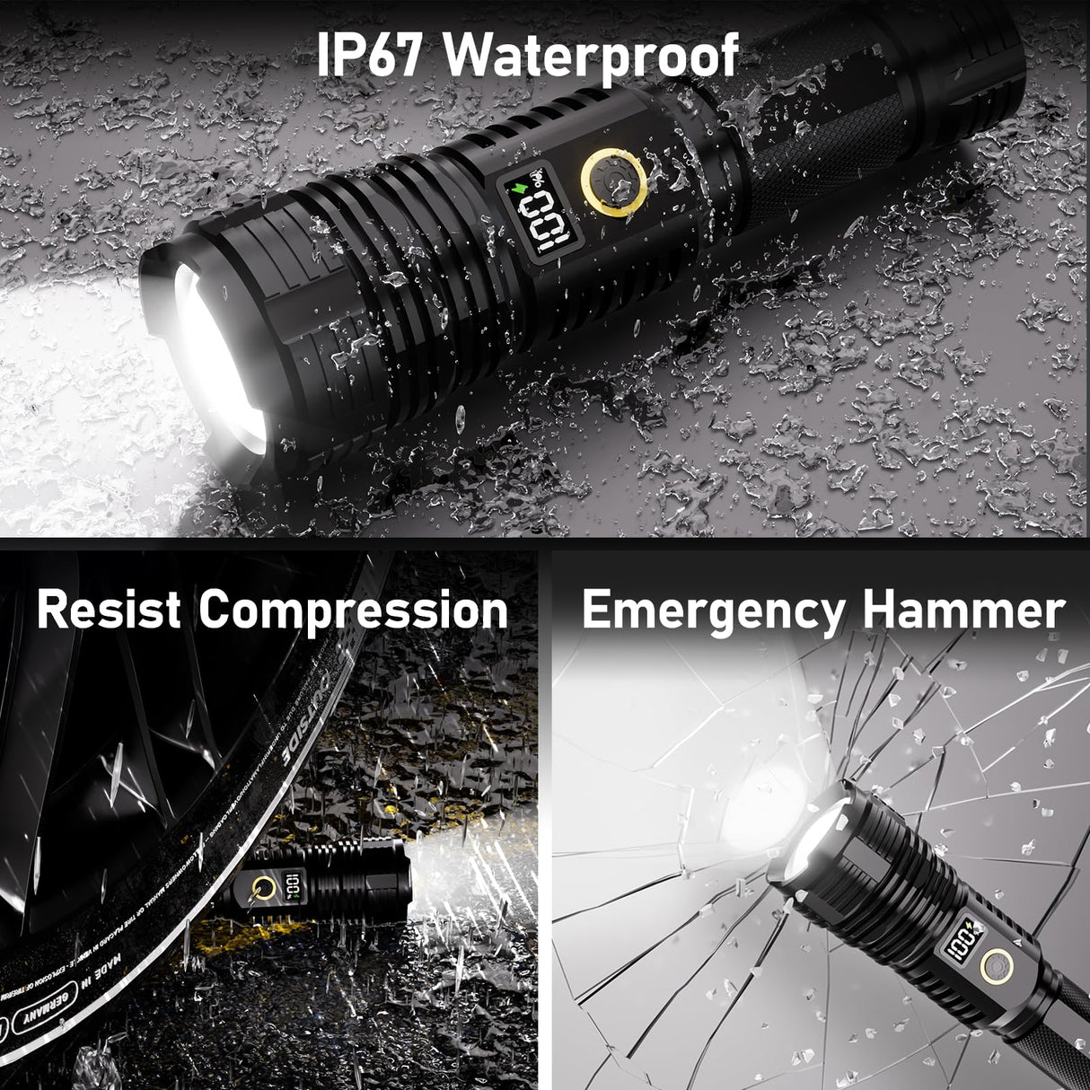 CHILDBOT Flashlights High Lumens Rechargeable, 10000LM LED Super Bright Flash Light, Zoomable Linternas with LCD Digital Display, 5 Mode, Waterproof, Powerful Tactical Flashlight for (Dark Black)