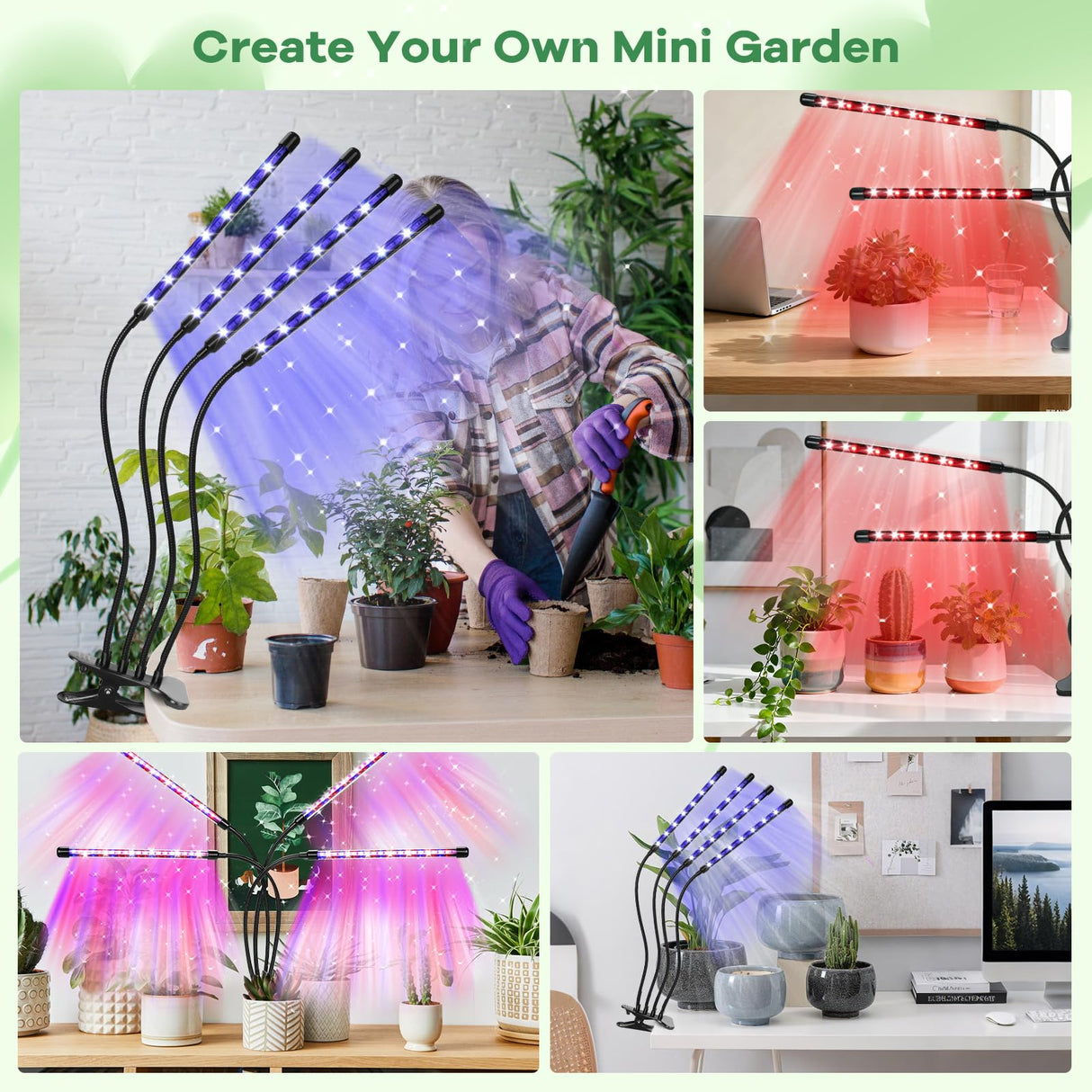 AURAZIGLI Led Grow Lights, 4 Heads Red Blue Plant Light with Clamp for Indoor Plants & Seed Starting, 10-Level Dimmable, Auto On Off, Timing 3 9 12Hrs