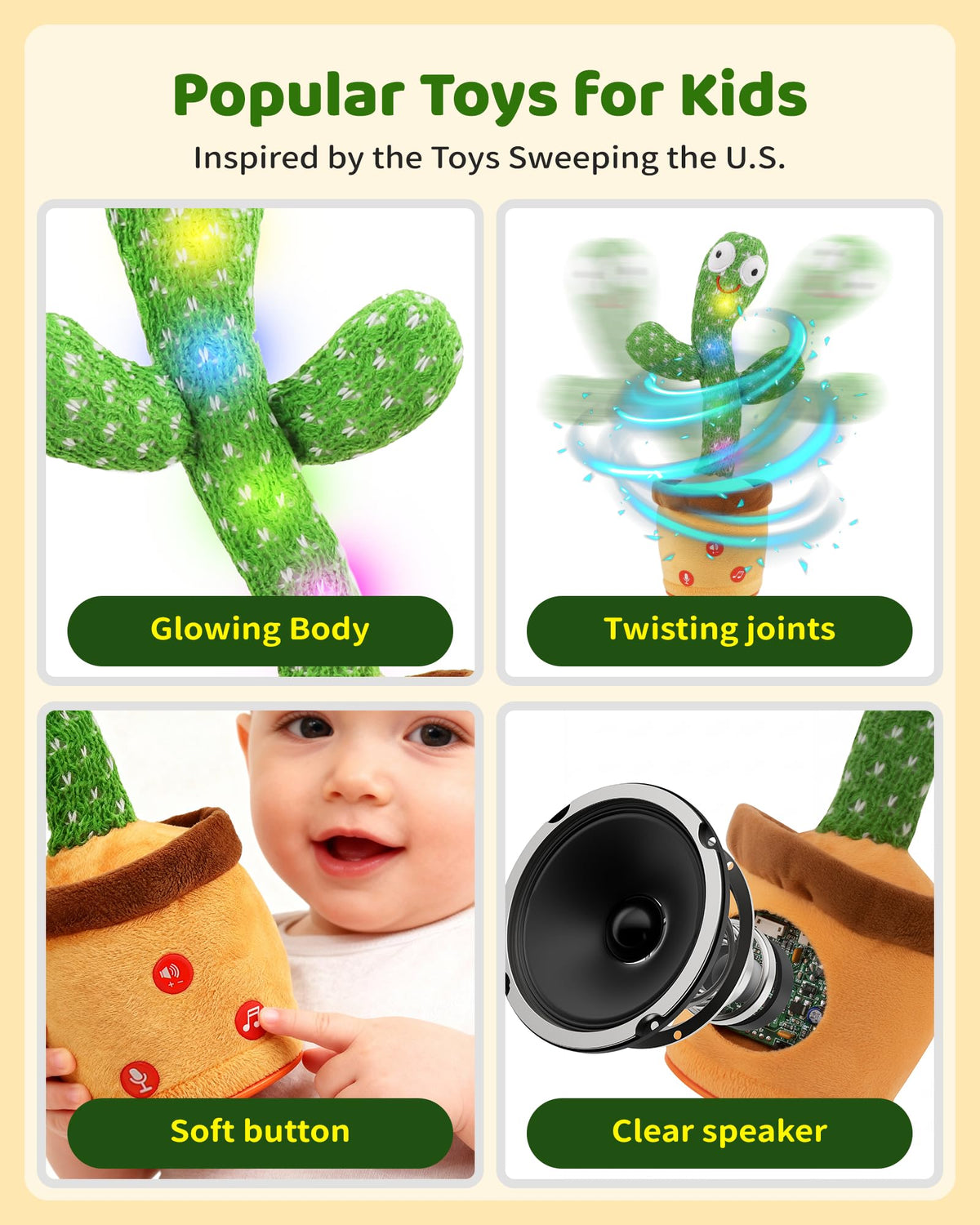 TWORIVER Adjustable Volume Dancing Talking Cactus Toy for Baby, Boys Girls