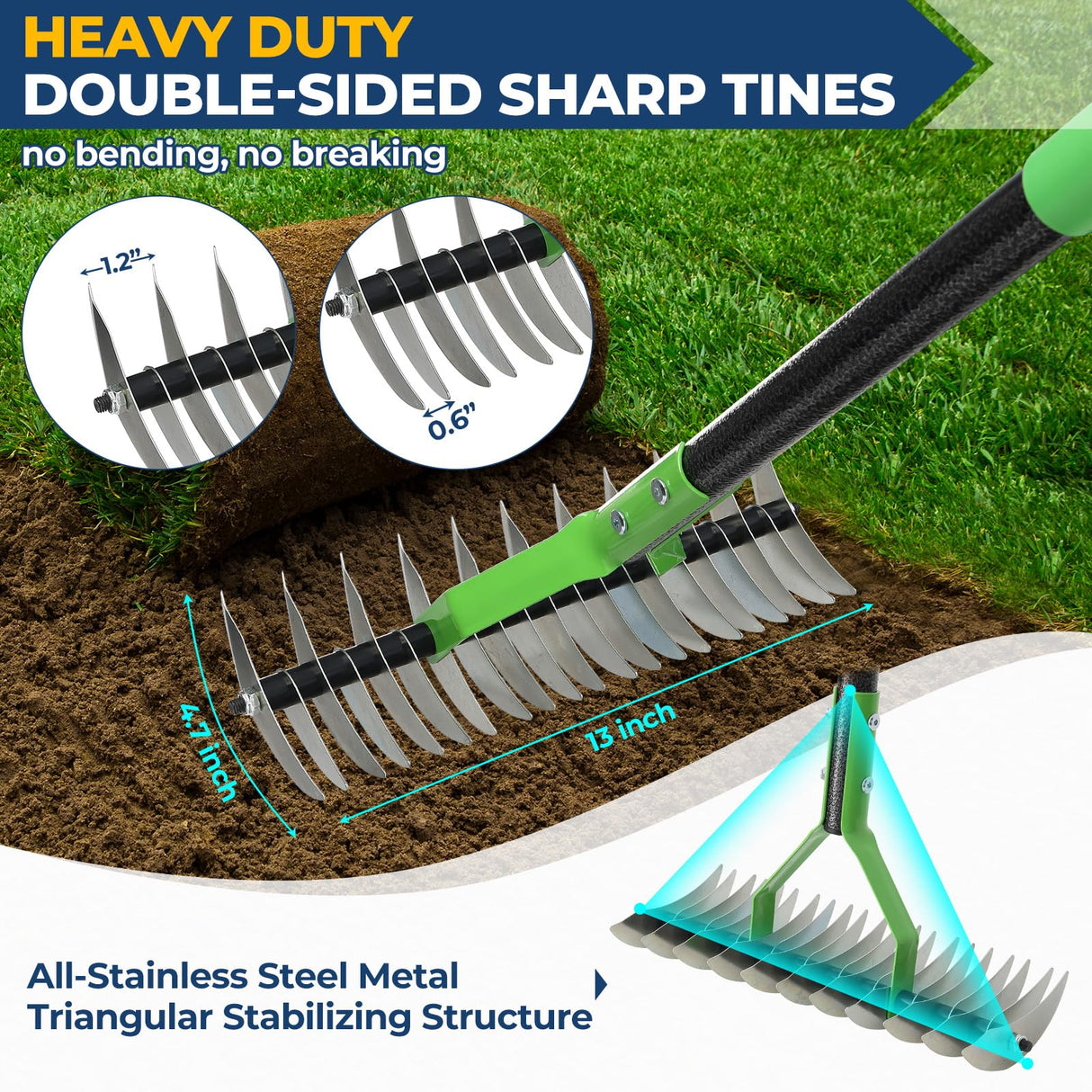 Garden Rake 51" – Dual-Sided Shrub Rake with 13" Sharp Metal Tines, Lightweight Multi-Purpose Yard Tool, Reversible Head for Lawn, Soil, Shrub, Mulch & Leaf Cleanup