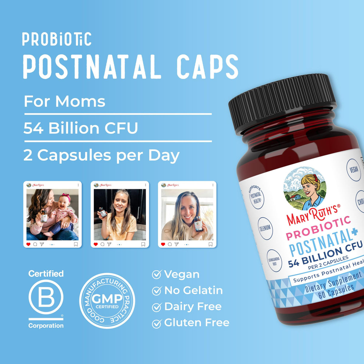 MaryRuth Organics Postnatal Probiotics for Breastfeeding Women | Nursing Probiotic Capsules with Vitamins | Minerals & Antioxidants | 54 Billion CFU | Non-GMO | Vegan | 30 Servings