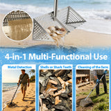 Sand Flea Rake Stainless Steel Beach Sand Sifter with Sharp Digging Teeth, 56" Split Long Handle 16 Inch Large Basket Sand Crab Rake for Collect Sand Fleas, Shells, Shark Teeth & Fishing Live Bait
