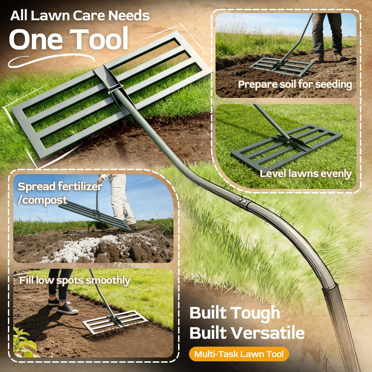 HamRoRung Lawn Leveling Rake -31.5''x11.8'' Heavy Duty Leveling Rake, Ergonomic Handle, Professional Ground Leveler for Yard, Soil, Grading, Gravel, Seeding, Do Not Hurt Turf, Save Effort