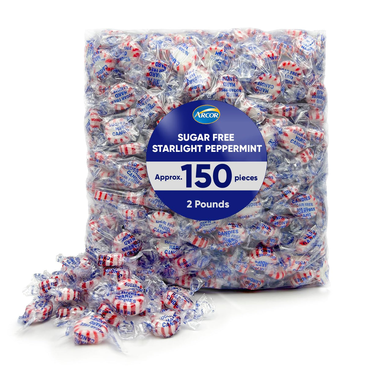 Arcor Starlight Peppermint Sugar Free Hard Candy - 2 Pounds Approx 150 - Sugar Free Candy, Peppermint Candy - Bulk Candy Individually Wrapped - Christmas Candy Bulk- Ideal for Holiday Season