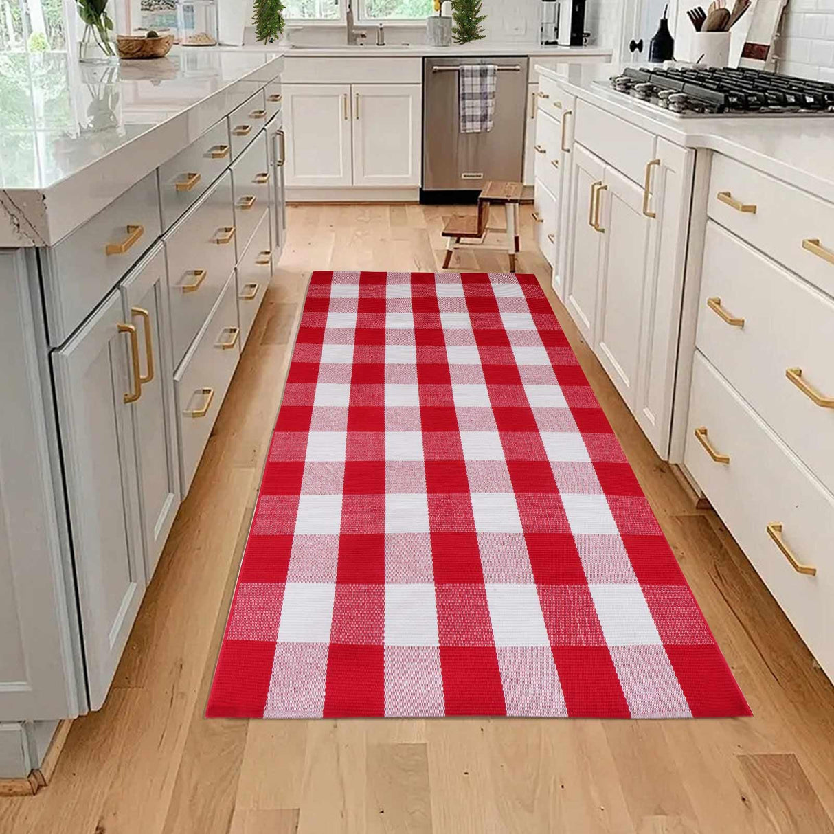 Christmas Red and White Plaid Rug 3 x 5 Ft, Hand-Woven Indoor/Outdoor Layered Cotton Blend Buffalo Plaid Rug, Washable Front Door Mat, Perfect for Porch, Living Room, Entryway