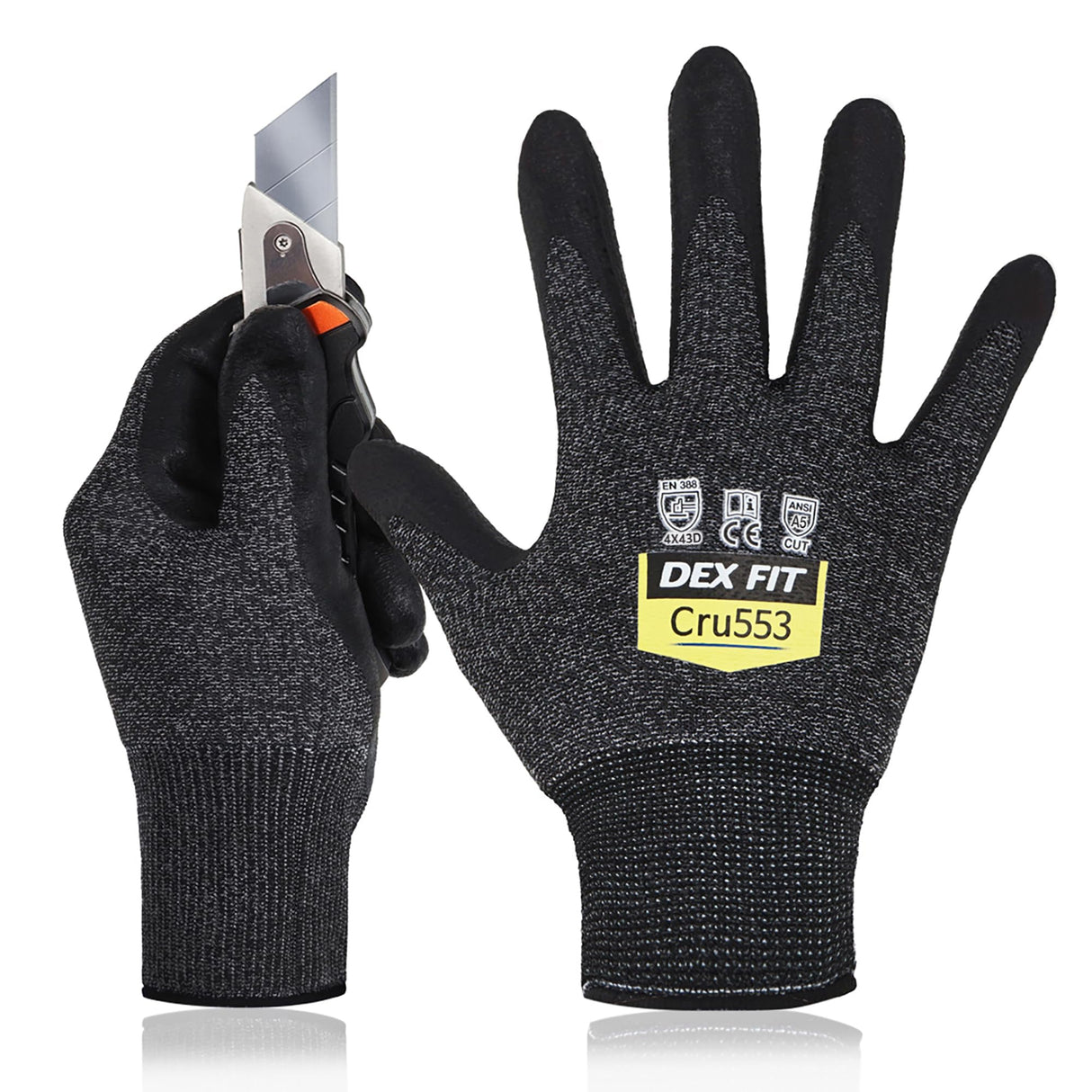 DEX FIT Level 5 Cut Resistant Gloves Cru553, 3D-Comfort Stretchy Fit, Power Grip, Professional Grade, Thin, Touch-Screen Compatible, Durable, Machine Washable; Black Grey XL (10) 12 Pairs
