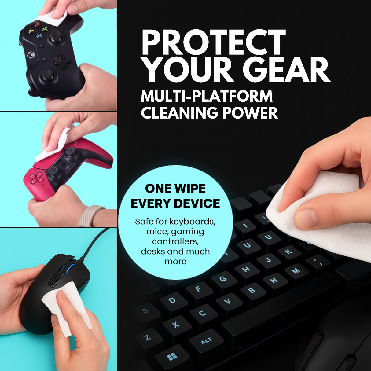 Vayzer Gaming Labs Gaming Peripheral Wipes, Keyboard Cleaner & Electronic Wipes, Safe for Controllers, Keyboards, Laptops, PCs & Mice – Alcohol-Free, Unscented, Paraben-Free, Cleaning Wipes - 50 Pack