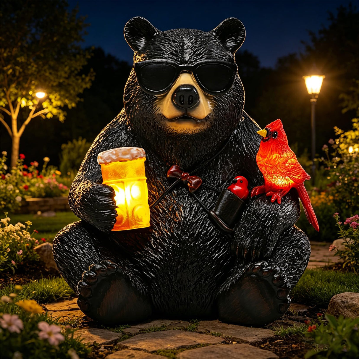 YHSOLAR Solar Black Bear Statue for Garden with Beer and Cardinals 6.3" Resin Garden Statues for Outside Yard Paito Porch Decor Birthday Gardening Gifts for Women Mother Sister Grandmother Wife
