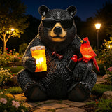 YHSOLAR Solar Black Bear Statue for Garden with Beer and Cardinals 6.3" Resin Garden Statues for Outside Yard Paito Porch Decor Birthday Gardening Gifts for Women Mother Sister Grandmother Wife
