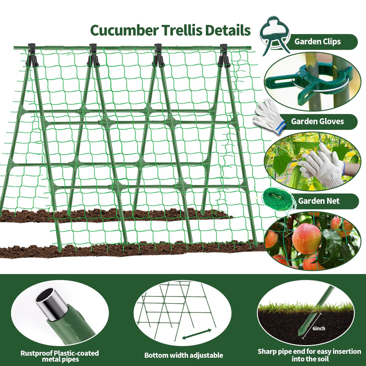 A-Frame Cucumber Trellis for Raised Bed - 47 x 47in, Heavy-Duty Detachable Garden Trellis with Netting & Clips, Support for Climbing Outdoor Cucumber, Tomatoes, Luffa, Bitter Melon, Vining Flowers