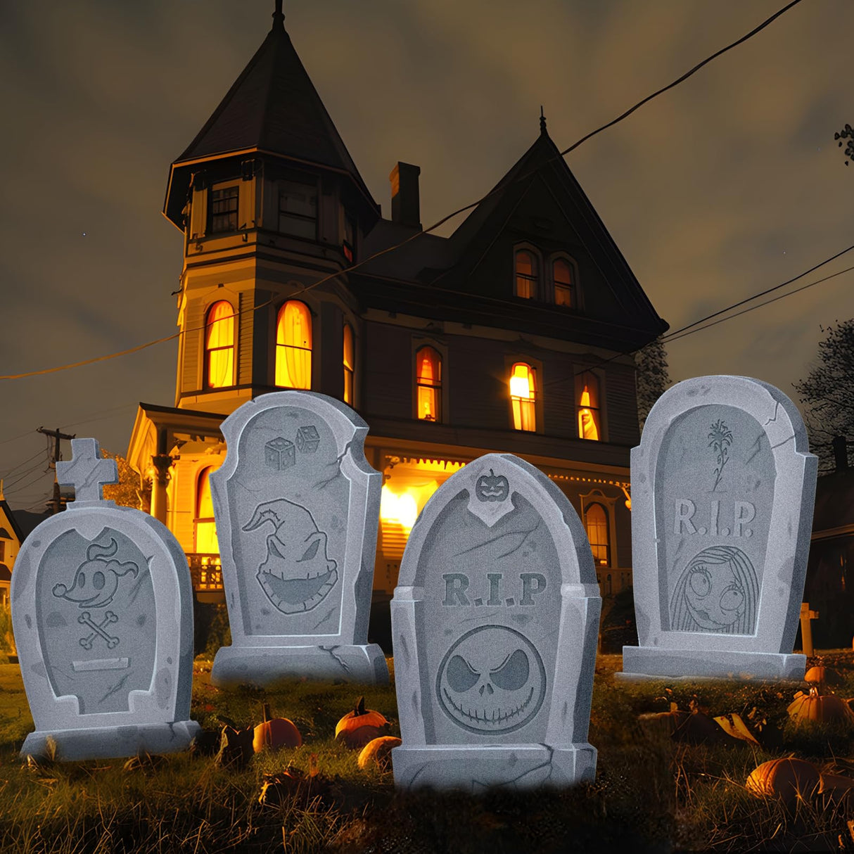 Jack Sally Tombstones Yard Signs, 17 Inch Gravestones Set Scary Halloween Decor Christmas Nightmare Halloween Decorations Outdoor Before Lawn Garden RIP Pumpkin Yard Stakes Outside Graveyard, Not Foam