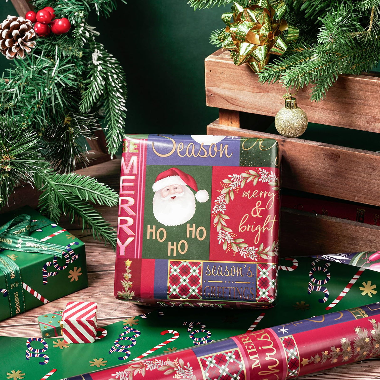 RUSPEPA 30" X 32.8' Reversible Christmas Wrapping Paper Large Paper Roll, Jumbo Roll, Santa Claus, Snowman and Candy Cane Design Gift Wrap for Kids, Friends, Family, Xmas Holiday Gifts