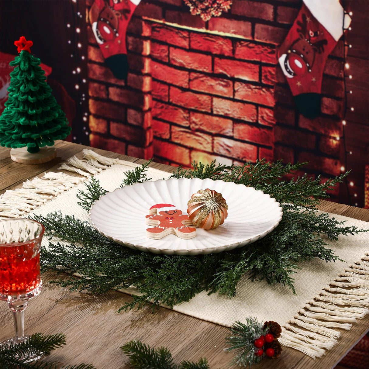 Gandeer Christmas Placemats Set of 6 Round Greenery Place Mats Xmas Circular Artificial Wreath Dining Table Decor Winter Fake Plants Branches Mats for Kitchen Accessories(Cedar)