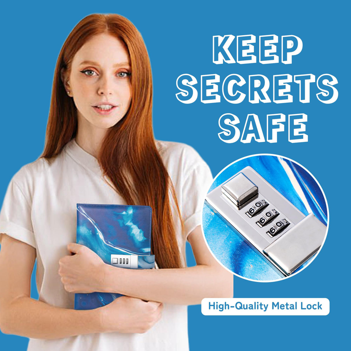 CAGIE Diary with Lock for Girls, A5 Password Refillable Lined Journal Kit Locked Diary, Cute Stuff Christmas Birthday Gifts for Girls 6 7 8 9 10 11 12 13 14 Year Old Girl, Teen Girl Gifts, Blue