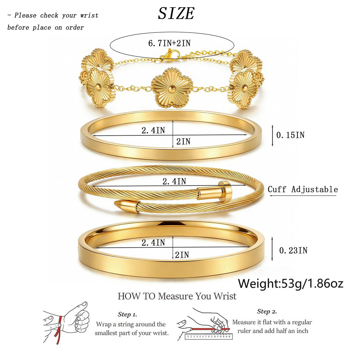 ISELBDR 18K Gold Bangle Bracelets for Women - Stackable Clover & Nail Love Bangle Set - Non-Tarnish Jewelry for Birthday Valentine's, Mother's Day & Christmas (Gold-A)