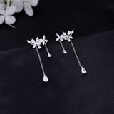 SLUYNZ 925 Sterling Silver Dainty CZ Flowers Wrap Earrings Dangle Chain for Women Elegant Bridal Wedding Earrings Engagement Drop (A-Silver)