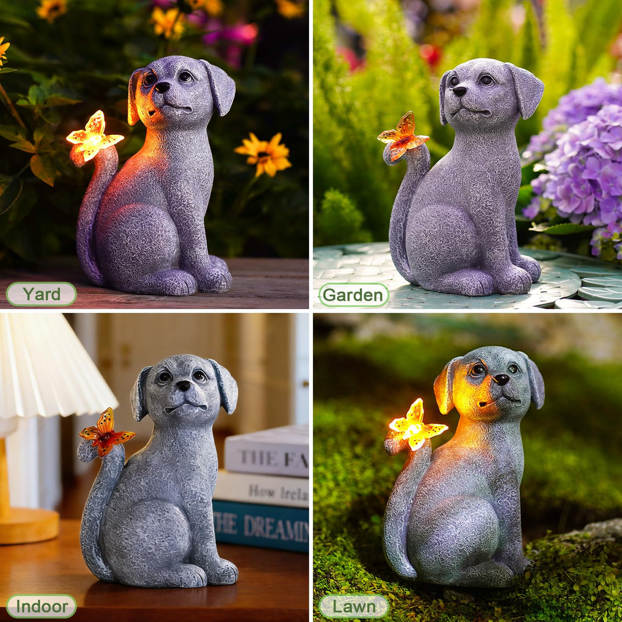Nacome Solar Dog Outdoor Statues for Garden: Outside Decor with Butterfly Clearance for Yard Art Lawn Ornaments Patio Balcony Home House for Mom Grandma Women