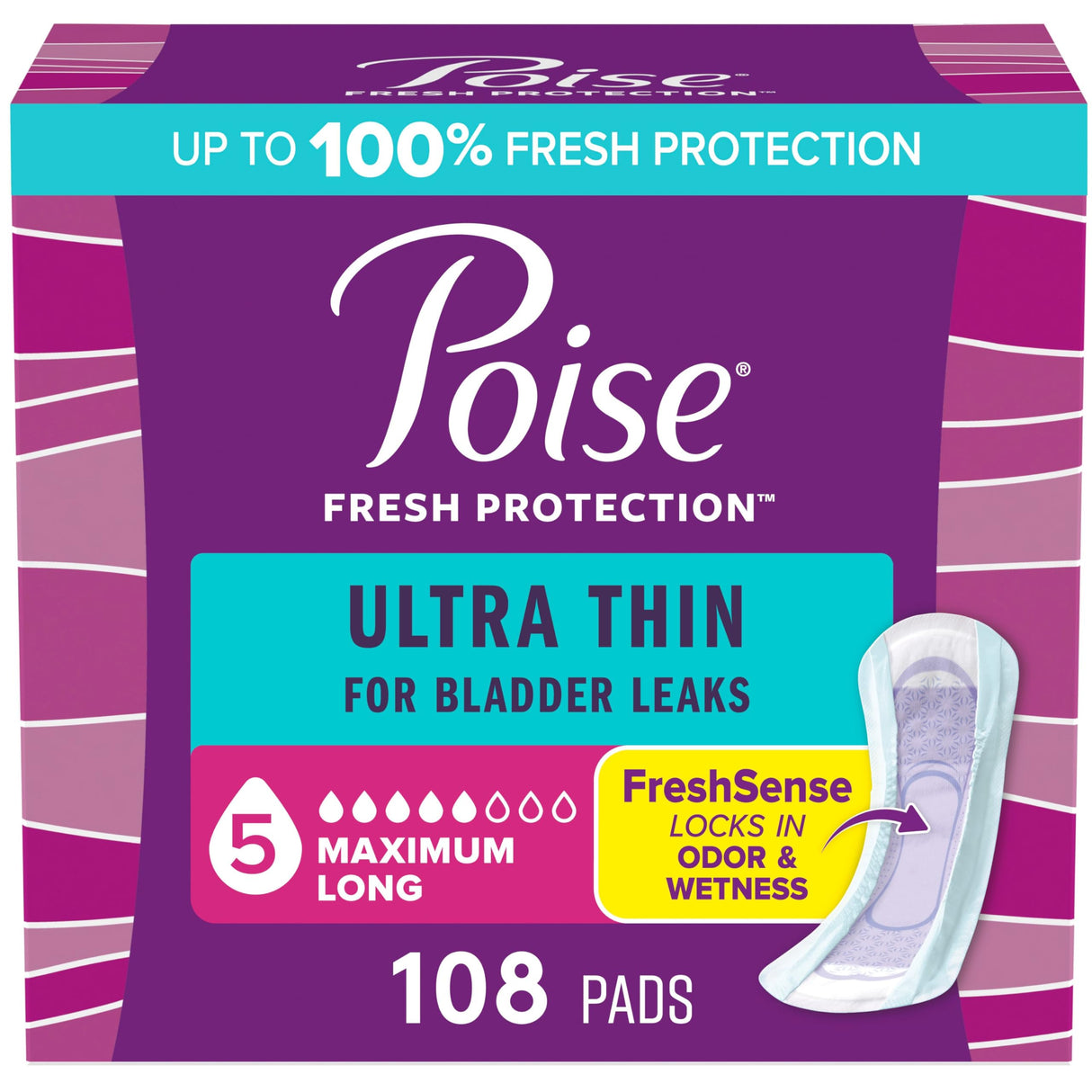 Poise Ultra Thin Incontinence Pads & Postpartum Pads for Bladder Leaks, 5 Drop Maximum Absorbency, Long Length, 108 Count, Packaging May Vary