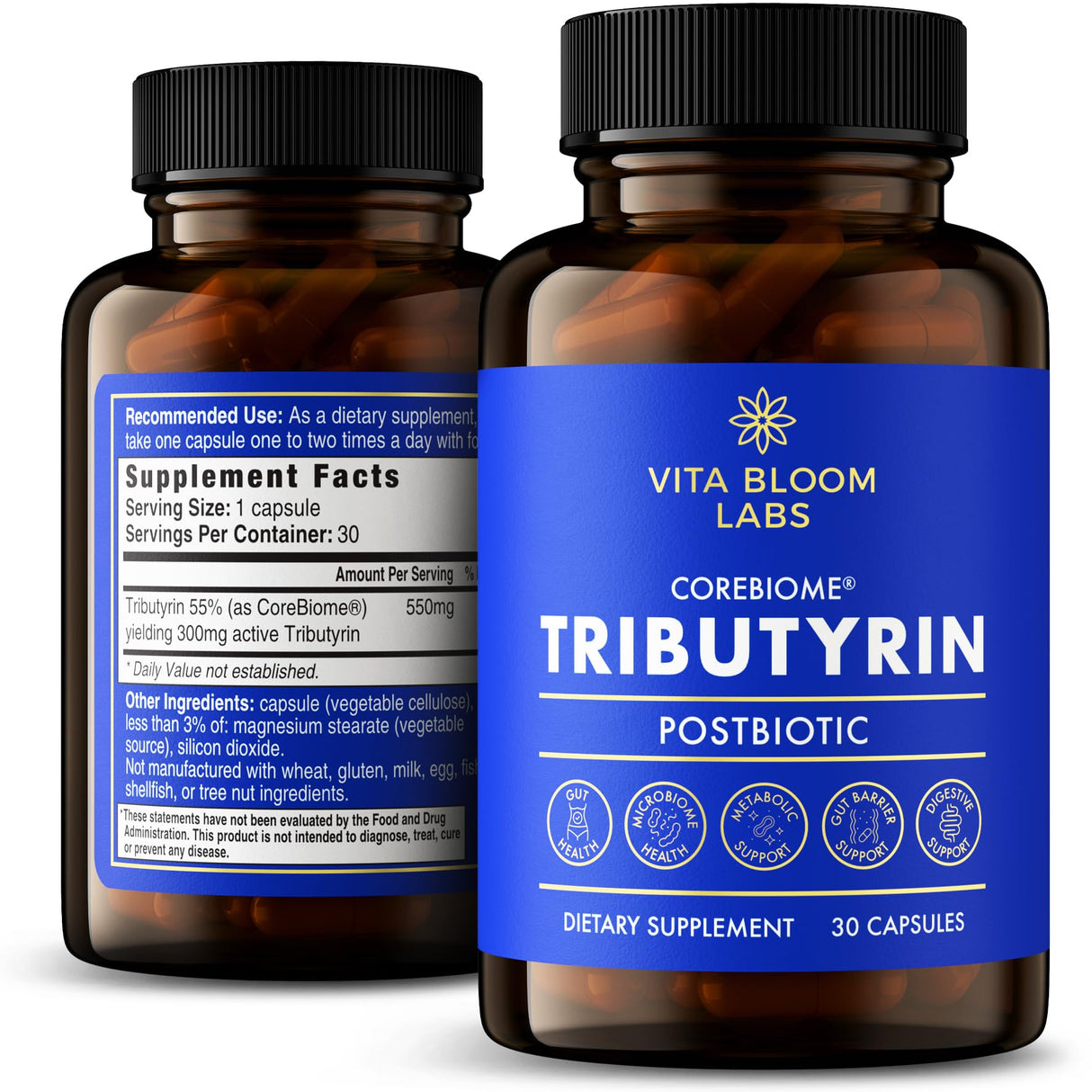 CoreBiome Tributyrin Supplement - Better Delivery & More Effective than Sodium Butyrate - Gut Health & Digestive Support - 3-in-1 Butyrate Postbiotics for Leaky Gut & Gut Barrier Support - 30 Capsules