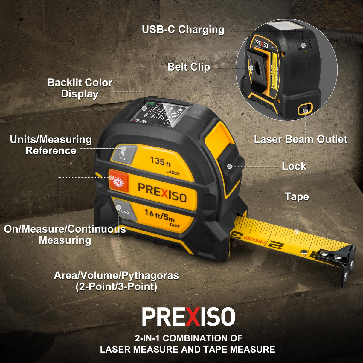 PREXISO 2-in-1 Laser Tape Measure, 135Ft Rechargeable Measurement Tool & 16Ft Measuring Movable Magnetic Hook - Pythagorean, Area, Volume, Ft/Ft+in/in/M Unit NOT Digital