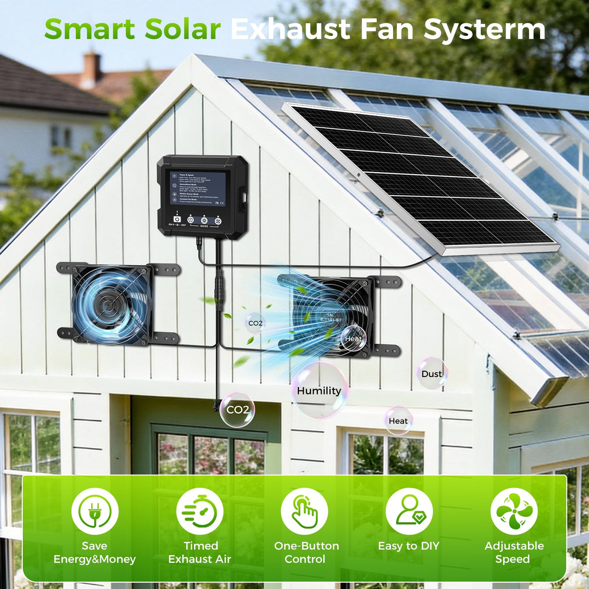 25W Smart Solar Fan for Chicken Coop, Solar Powered Fan for Dog Shed Garage