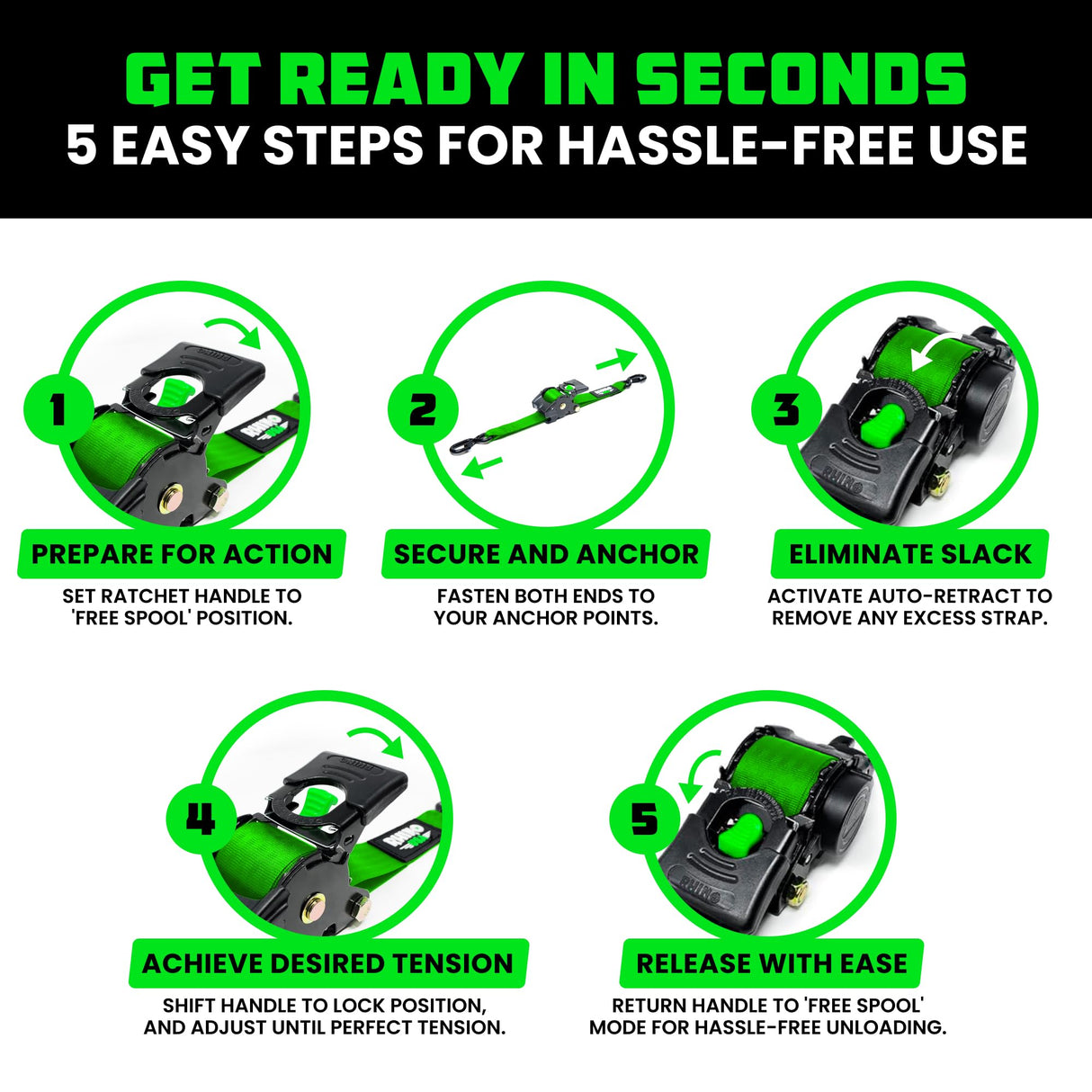 Rhino USA Retractable Ratchet Straps (2-Pack) - 2 Inch x 10 Feet (3,033lb Break Strength) - Heavy Duty Auto Self Retracting Tie Down Straps for Truck, Cargo Trailer, Motorcycle, Rad & More - Green