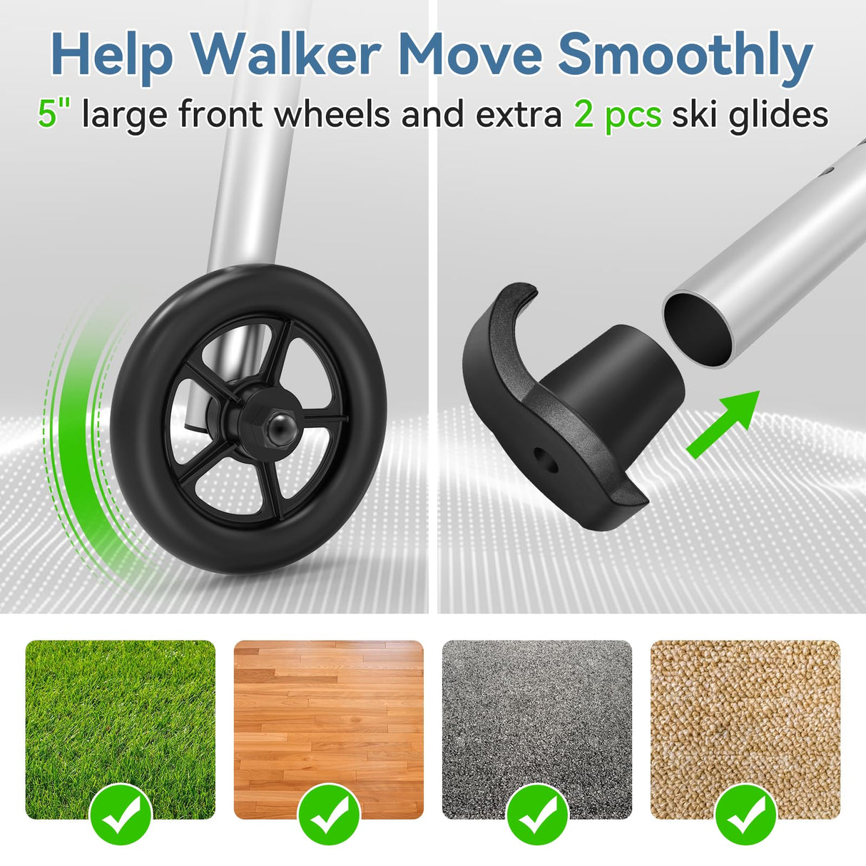 FSA/HSA Eligible Folding Walker with Large Basket and 2 Glide Skis, 5" Wheels Lightweight Walkers for Seniors and Adults, Supports Up to 350 Pounds, Adjustable Height, Compact Standard Walker