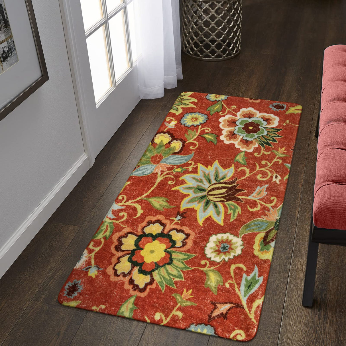 Lahome Floral Red Carpet Runner Rug 2x4, Washable Hallway Non-Slip Kitchen Christmas Runner Rugs, Vintage Throw Carpet for Hallway Bathroom Entryway Laundry Room(2'x4', Red)