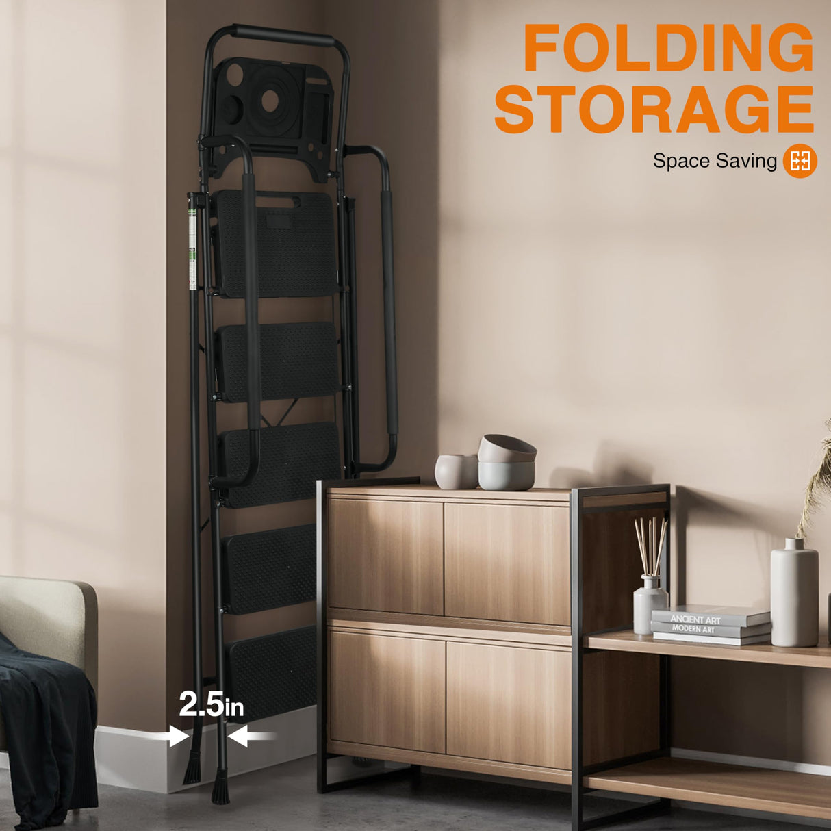 Step Ladder, Folding Step Stool with Wide Anti-Slip Pedals, Sturdy Steel Ladder with Handrail, Space-Saving, Portable for Home & Adults, 5 Step Ladder