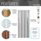 Techni Home Studio Series 32" W x 80" H PVC Foldable Accordion Door, Trimmable, Flexible Single Layer Panels, White Oak