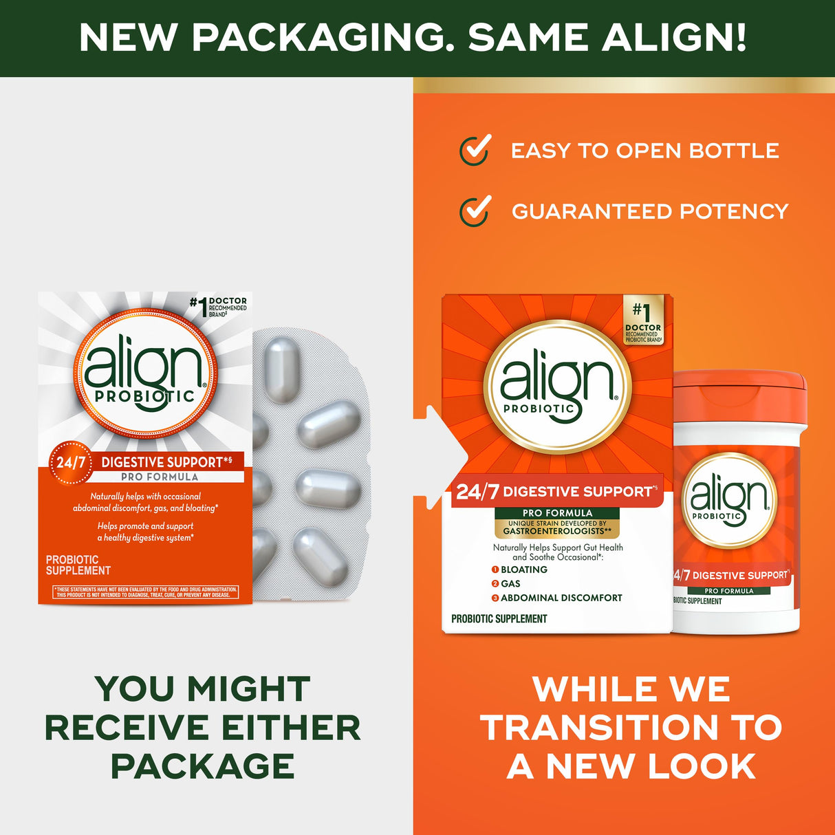 Align Probiotic, Pro Formula, Probiotics for Women and Men, Daily Probiotic Supplement, Helps Soothe Occasional Bloating & Gas*, #1 Doctor Recommended Brand‡, 63 Capsules (Packaging May Vary)