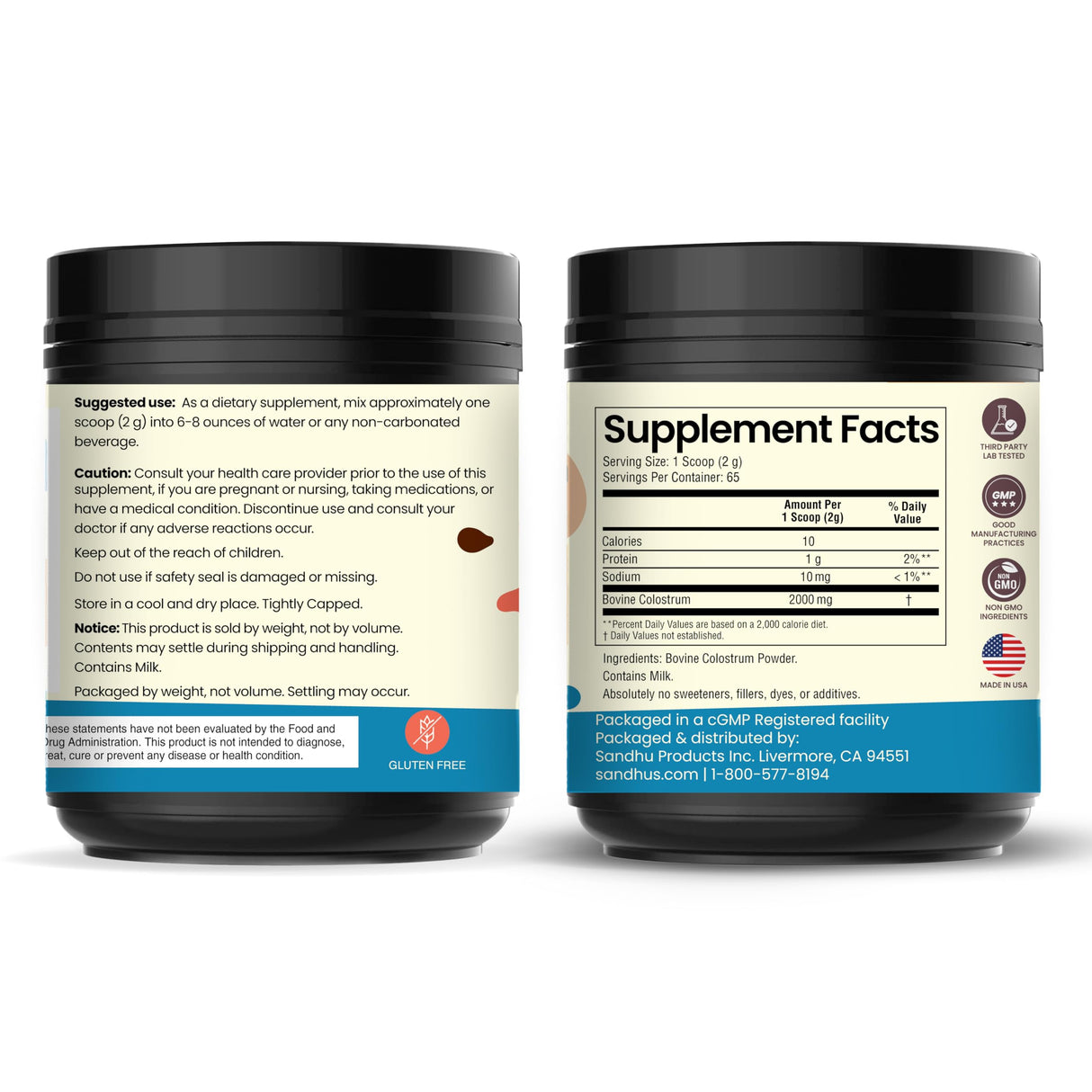 Sandhu's Grass Fed Bovine Colostrum Powder for Humans, Adults | 65 Servings (Pack of 1) Cows Supplement | High IgG for Gut Health | Immunity & Muscle Recovery Support | Unflavored | for Men & Women