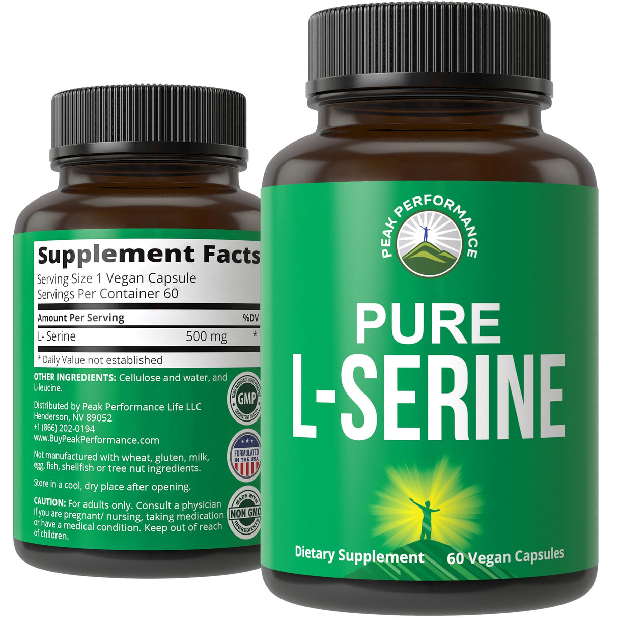 Peak Performance L-Serine Capsules 500mg Best Brain and Nootropic Amino Acids for Production of L-Cystine, L-Tryptophan and Serotonin. USA Grade L Serine Pills. Non-GMO Supplement (60 Servings)