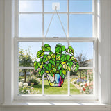 Stained Glass Plant Suncatcher Window Hanging, Marzovitra 10 Inch Real Glass Potted Green Leaves Sun Catcher with Chain Botanical Sun Catcher Window Decor for Home Garden, Plant Lover Gift