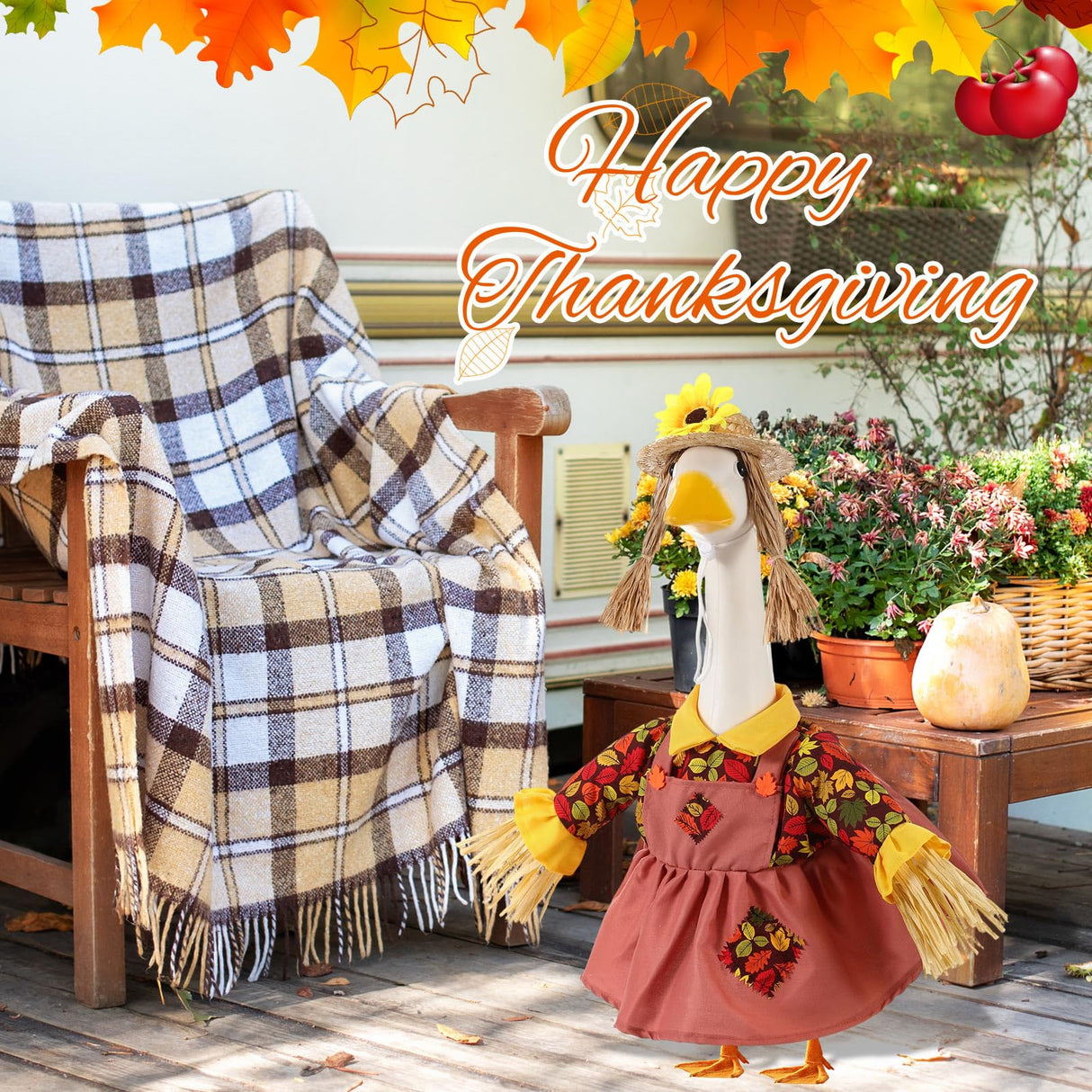 FuWeave Fall Porch Goose Outfit Maple Goose Costume Fancy Porch Geese Clothes with Wide Hat for 23" 17" Outdoor Patio(Scarecrow Style,23 Inch)