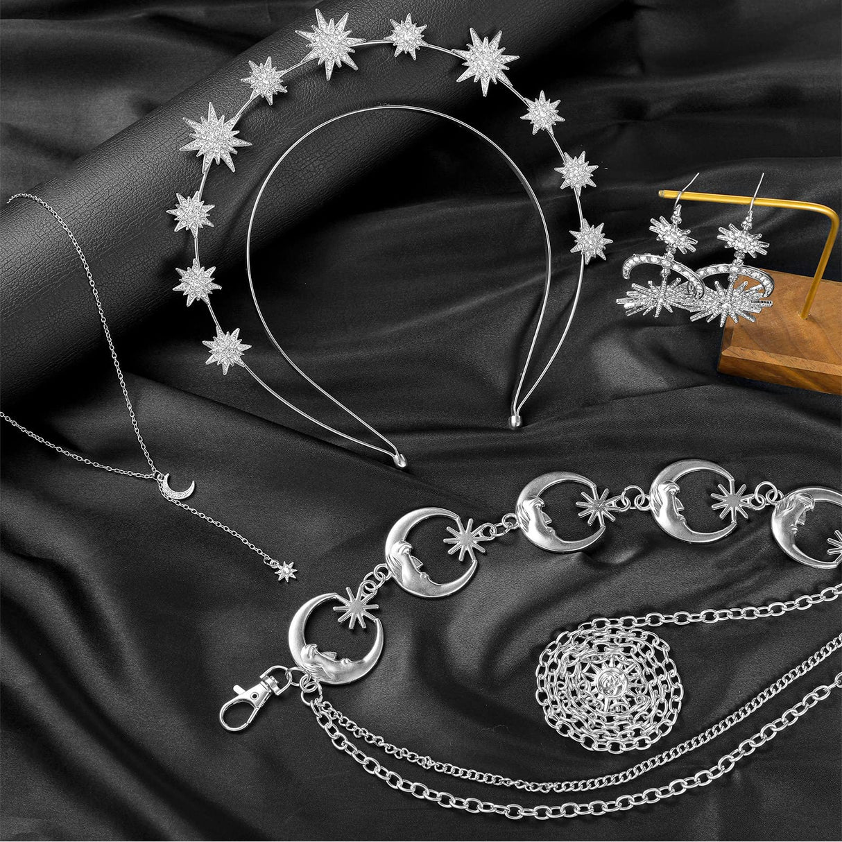 Glenmal 4 Pcs Celestial Jewelry Moon Star Necklace Headband,Silver