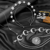 Glenmal 4 Pcs Celestial Jewelry Moon Star Necklace Headband,Silver