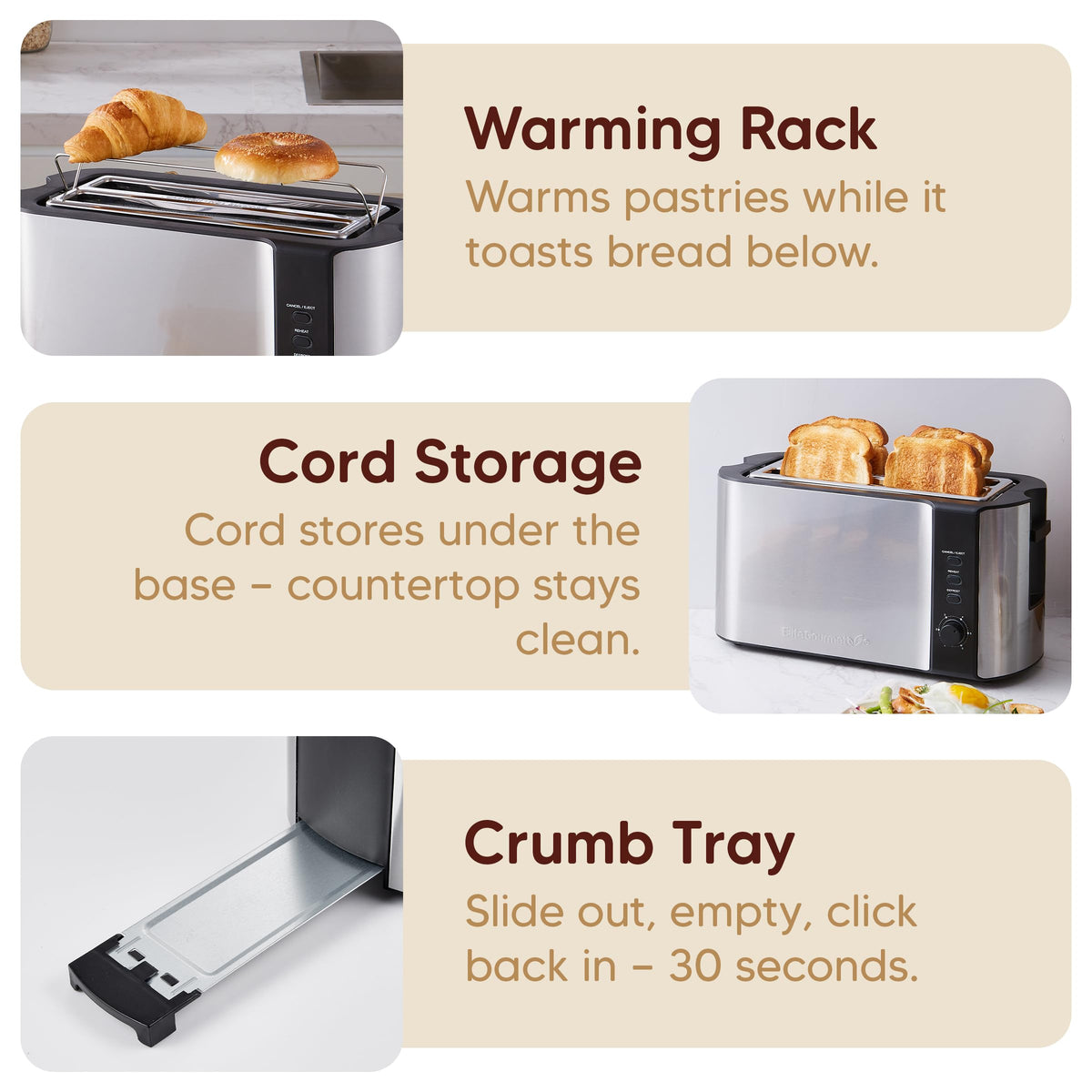 Elite Gourmet 4-Slice Long Slot Toaster, 1.5" Wide Slots, 6 Browning Levels
