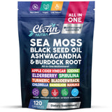 Clean Nutraceuticals Sea Moss Black Seed Oil Ashwagandha Turmeric Bladderwrack Burdock & Vitamin C Vitamin D3 with Elderberry Manuka Dandelion (120 Count (Pack of 1))