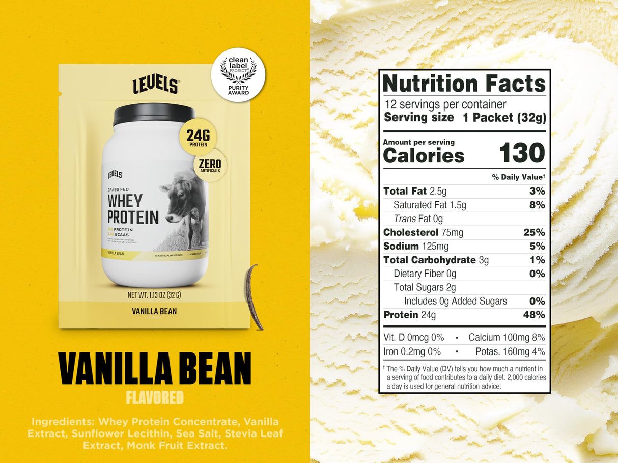 Levels Grass Fed Whey Protein Powder, No Artificials, 24G of Protein, Vanilla Bean, 12 Count