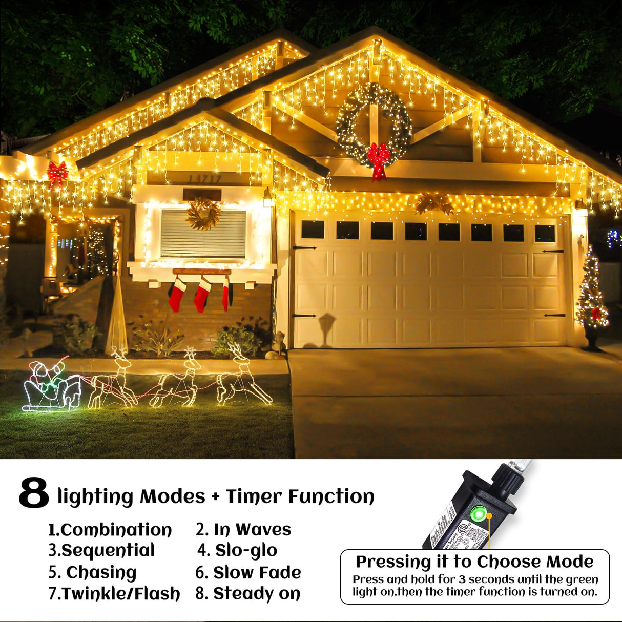 66ft Icicle Lights for Outside - 640 LED Christmas Lights Outdoor with 120 Drops 8 Modes, Plug in Twinkle Light Outside for Holiday Wedding Party Tree Room Indoor Thanksgiving Decoration, Warm White