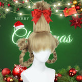 Blonde Braided Wig with Red-bow Earrings for Women Christmas Cindy Wig with Accessories for Halloween Christmas Costume Party