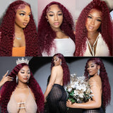 Kivolin 99j Burgundy Lace Front Wigs Human Hair 28 Inch Deep Wave Lace Front Wigs Human Hair Pre Plucked Red Curly Human Hair Wig 13x4 HD Colored Frontal Glueless Wet and Wavy Loose Deep Wave