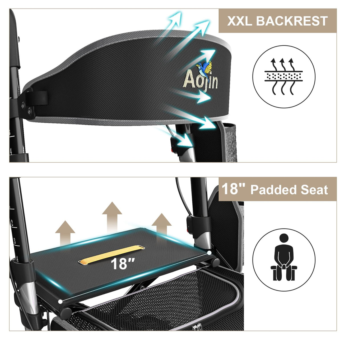 Walkers for Seniors, Rollator Walker with Seat, 350 lb Weight Capacity, 18" Big Seat, 8" All-Terrain Wheels, 6-Level Adjustable Height, Lightweight Aluminum Frame Rollator Walkers for Seniors (Silver)