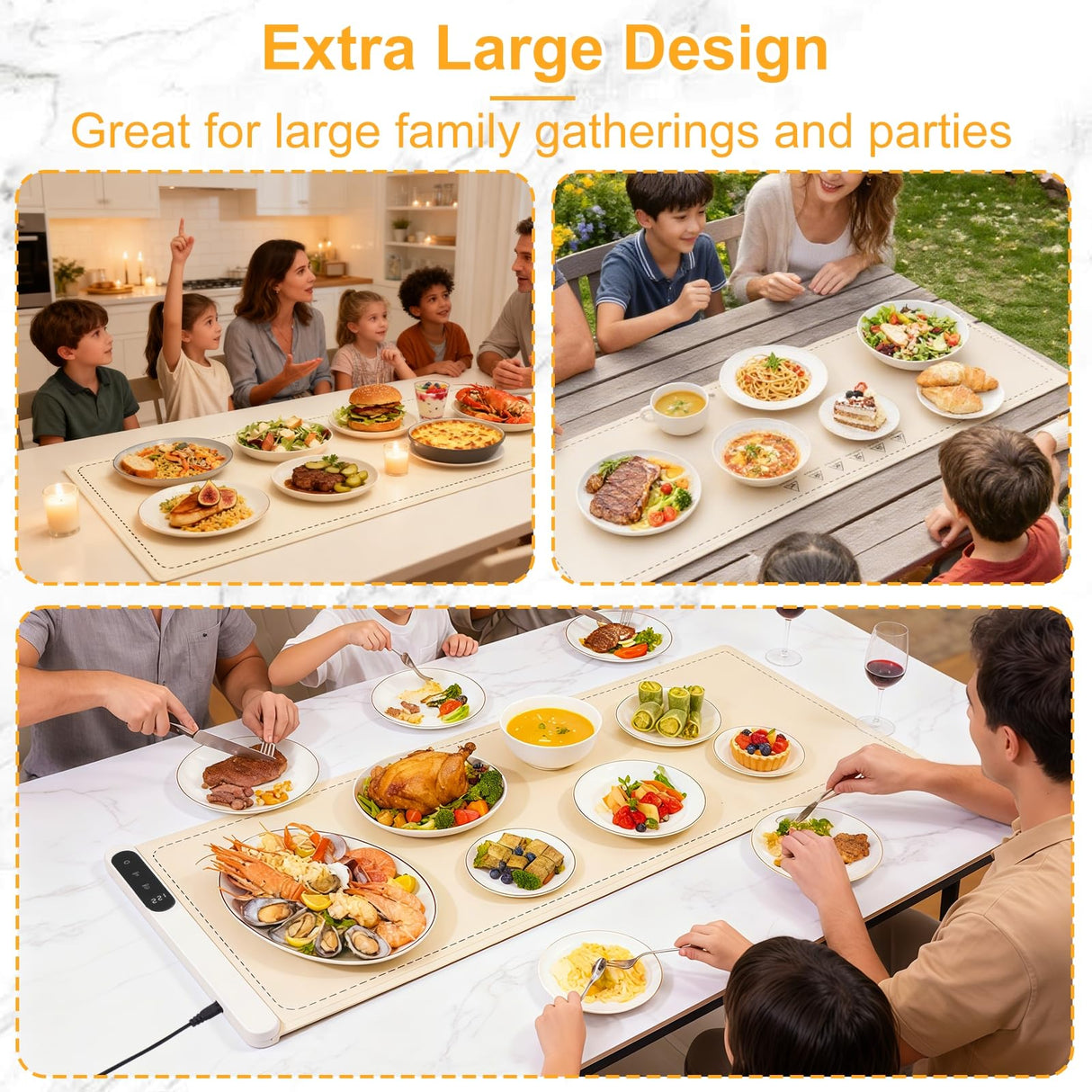 Extra Large Warming Mat for Food, (42"x15") Food Warming Mat with Countertop Insulation Pad, 6 Level Temperature & 6 Hours Timer, Silicone Food Heating Pad, Warming Trays for Buffets Party, Beige