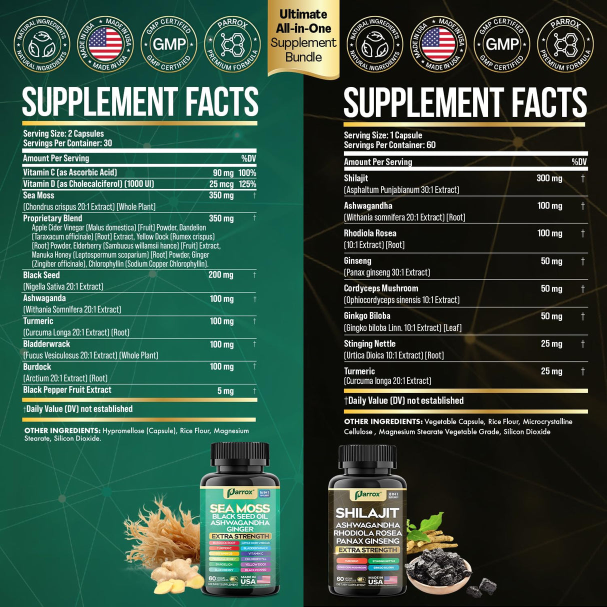 Parrox Shilajit and Sea Moss Bundle, Sea Moss 350mg, Black Seed Oil 200mg, Ashwagandha 100mg, Turmeric, Shilajit 300mg, Rhodiola Rosea 100mg, Panax Ginseng 50mg, Dynamic Vitality Bundle (1 Pack)